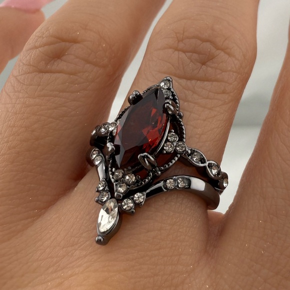 2xgothic Black silver and Red Gemstone Ring